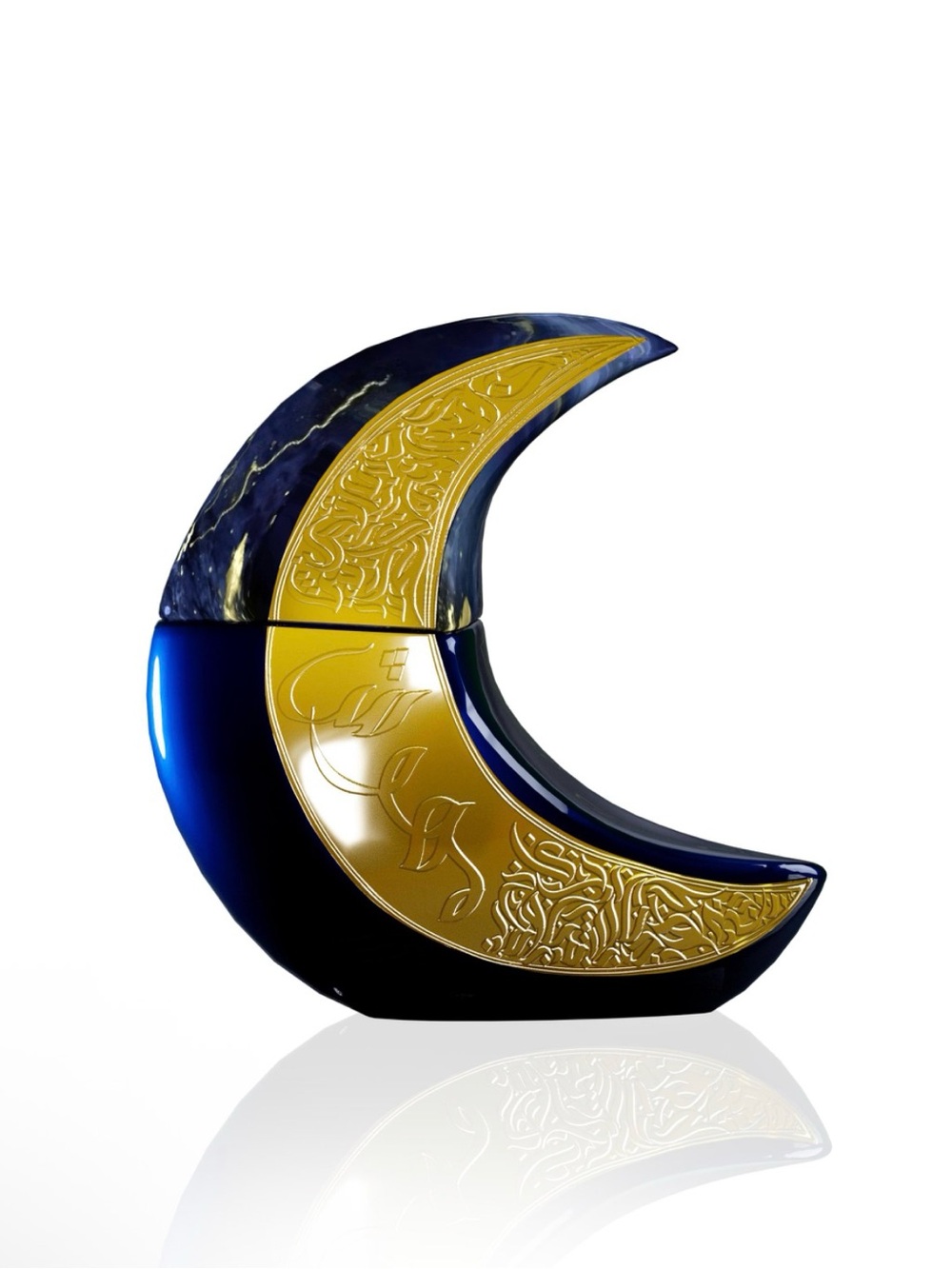 Designer Blue and Gold Crescent Moon Sculpture - Luxury Home Accent